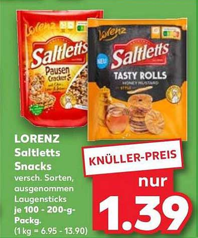 LORENZ Saltletts Snacks versch. Sorten, ausgenommen Laugensticks je 100 - 200-g-Pack. (1 kg = 6.95 - 13.90)