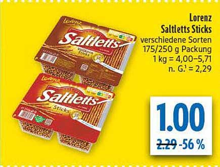 Lorenz Saltletts Sticks verschiedene Sorten 175/250 g Packung 1 kg = 4,00–5,71 n. G. 1= 2,29
