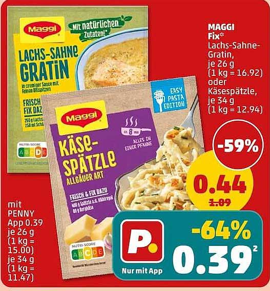 MAGGI Fix* Lachs-Sahne-Gratin, je 26 g oder Käsespätzle, je 34 g