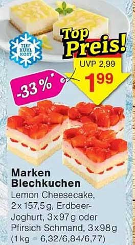 Marken Blechkuchen Lemon Cheesecake, 2x 157,5 g, Erdbeer-Joghurt, 3x 97 g oder Pfirsich Schmand, 3x 98 g