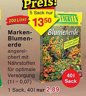 Marken-Blumenerde angereichert mit Nährstoffen für optimale Versorgung (1 l = 0,07)