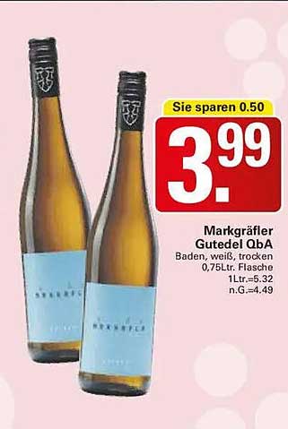 Markgräfler Gutedel QbA Baden, weiß, trocken 0,75Ltr. Flasche