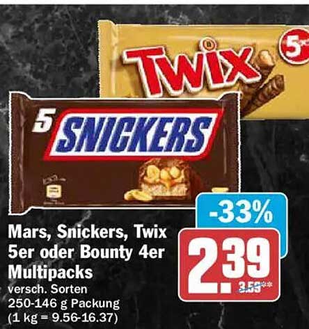 Mars, Snickers, Twix 5er oder Bounty 4er Multipacks