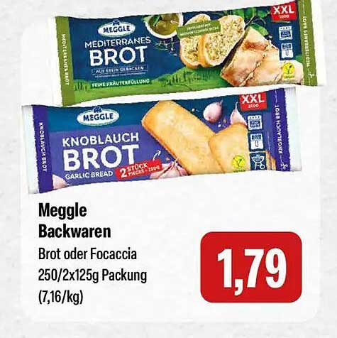 Meggle Backwaren Brot oder Focaccia 250/2x125g Packung (7,16/kg)