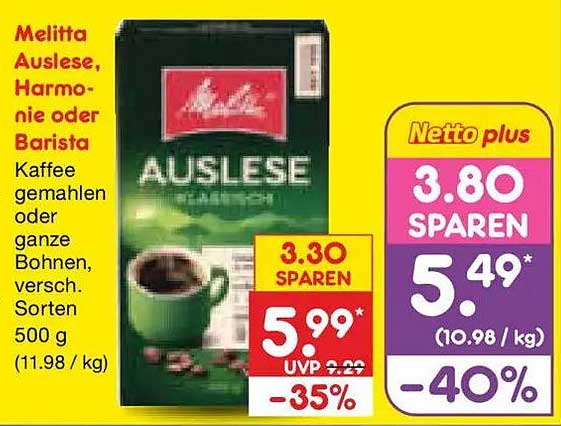 Melitta Auslese, Harmonie oder Barista Kaffee gemahlen oder ganze Bohnen, versch. Sorten 500 g