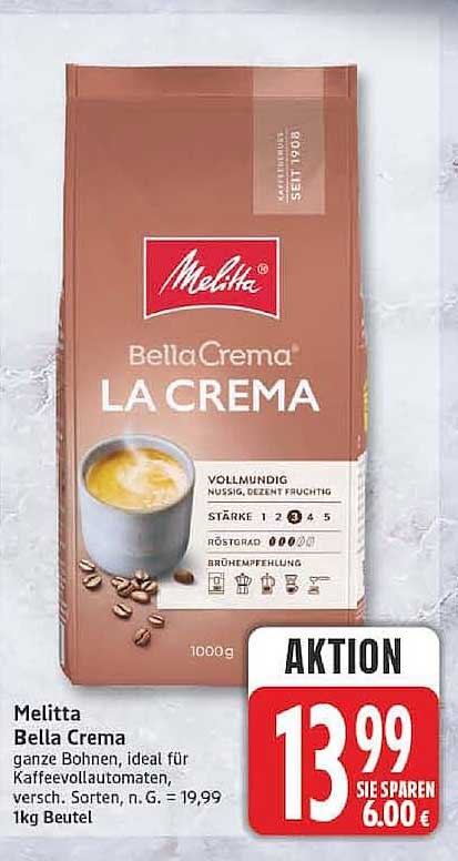 Melitta Bella Crema ganze Bohnen, ideal für Kaffeevollautomaten, versch. Sorten, N. G. = 19,99 1kg Beutel