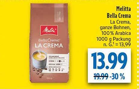Melitta BellaCrema LaCrema, ganze Bohnen, 100% Arabica 1000 g Packung
