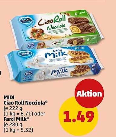 MIDI Ciao Roll Nocciola* je 222 g (1 kg = 6.71) oder Farci Milk* je 280 g (1 kg = 5.32)