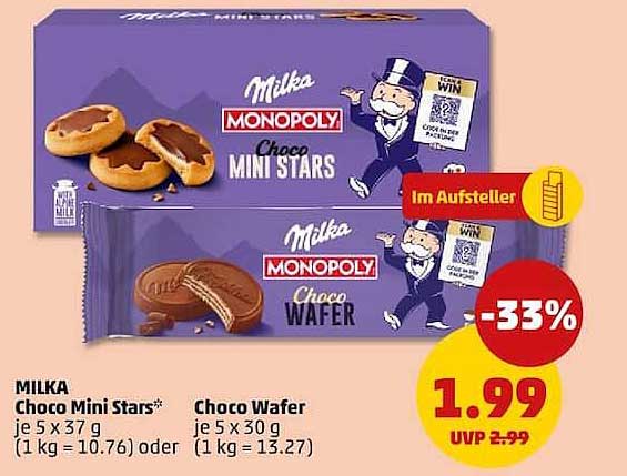 Milka Monopoly Choco Mini Stars* je 5 x 37 g (1 kg = 10.76) oder Choco Wafer je 5 x 30 g (1 kg = 13.27)