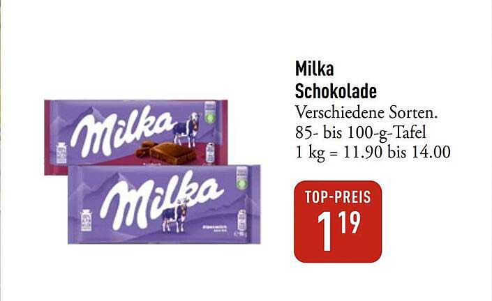 Milka Schokolade Verschiedene Sorten. 85- bis 100-g-Tafel 1 kg = 11.90 bis 14.00