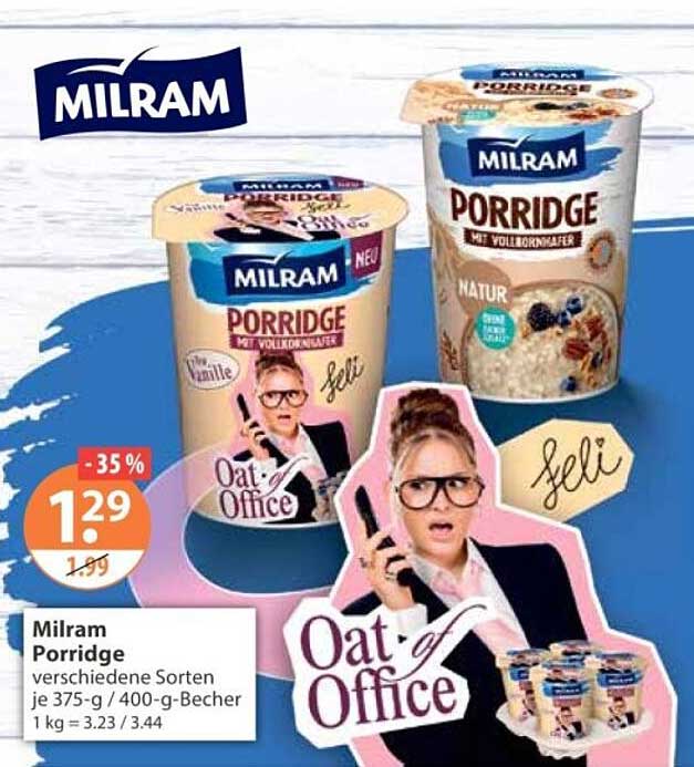 Milram Porridge verschiedene Sorten je 375-g / 400-g-Becher 1 kg = 3.23 / 3.44
