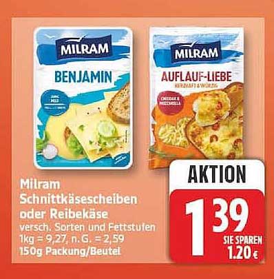 Milram Schnittkäsescheiben oder Reibekäse versch. Sorten und Fettstufen 150g Packung/Beutel