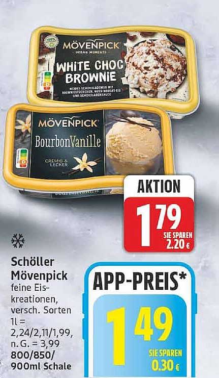 Mövenpick feine Eis-Kreationen, versch. Sorten 1 l = 2,24/2,11/1,99, n. G. = 3,99 800/850/900 ml Schale