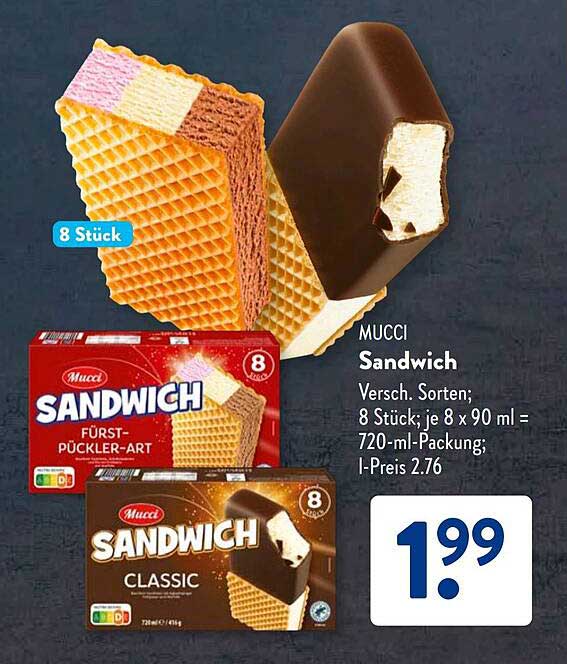 MUCCI Sandwich Versch. Sorten; 8 Stück; je 8 x 90 ml = 720-ml-Packung; l-Preis 2.76