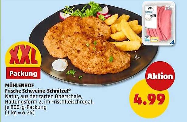 MÜHLENHOF Frische Schweine-Schnitzel* Natur, aus der zarten Oberschale, Haltungsform 2, im Frischfleischregal, je 800-g-Packung (1 kg = 6.24)