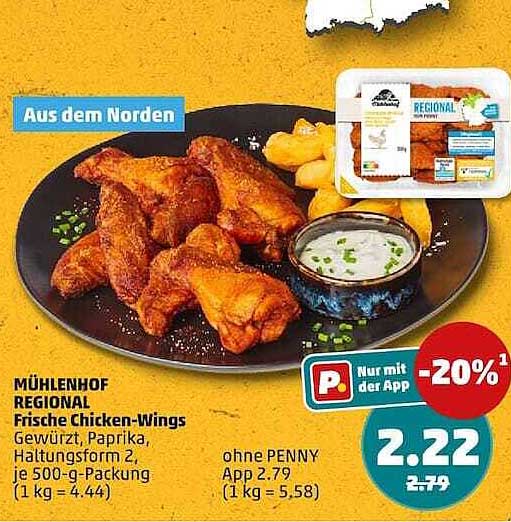 MÜHLENHOF REGIONAL Frische Chicken-Wings Gewürzt, Paprika, Haltungsform 2, je 500-g-Packung (1 kg = 4.44)