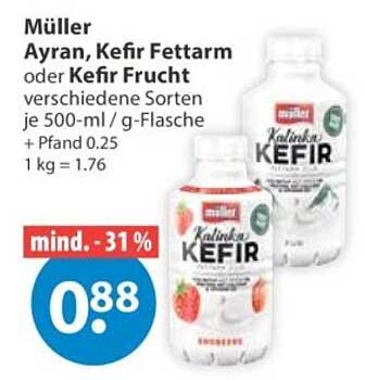 Müller Ayran, Kefir Fettarm oder Kefir Frucht verschiedene Sorten je 500-ml / g-Flasche + Pfand 0.25 1 kg = 1.76
