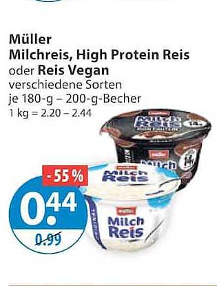 Müller Milchreis, High Protein Reis oder Reis Vegan verschiedene Sorten je 180-g – 200-g-Becher 1 kg = 2.20 – 2.44