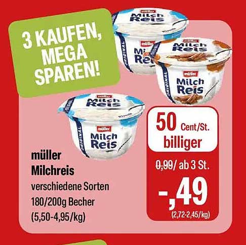 müller Milchreis verschiedene Sorten 180/200g Becher (5,50-4,95/kg)