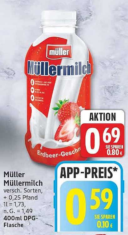 Müller Müllermilch versch. Sorten, + 0,25 Pfand, 1 l = 1,73, n. G. = 1,49, 400 ml DPG-Flasche