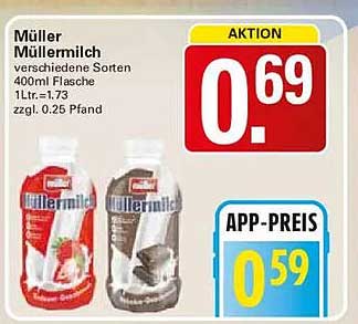 Müller Müllermilch verschiedene Sorten 400ml Flasche 1ltr.=1,73 zzgl. 0,25 Pfand