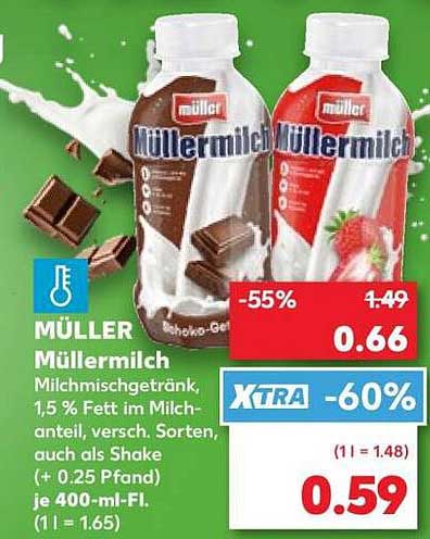 Müllermilch Milchmischgetränk, 1,5 % Fett im Milchanteil, versch. Sorten, auch als Shake (+ 0.25 Pfand) je 400-ml-Fl. (1 l = 1.65)