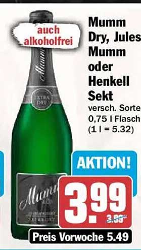 Mumm Dry, Jules Mumm oder Henkell Sekt versch. Sorte 0,75 l Flasche (1 l = 5.32)