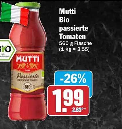 Mutti Bio passierte Tomaten 560 g Flasche (1 kg = 3.55)