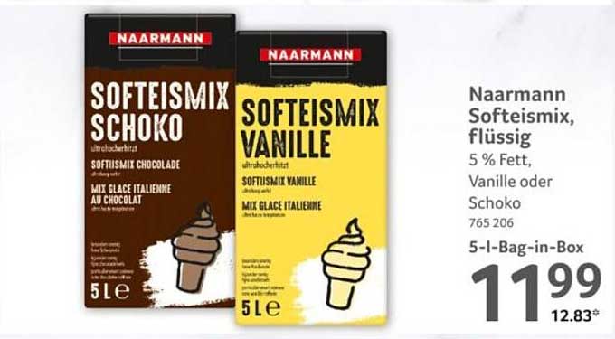Naarmann Softeis mix, flüssig 5 % Fett, Vanille oder Schoko, 765 206 5-l-Bag-in-Box