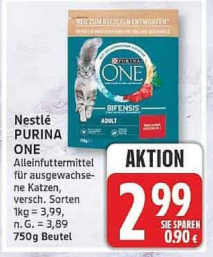 Nestlé PURINA ONE Alleinfuttermittel für ausgewachsene Katzen, versch. Sorten 1kg = 3,99, n.G. = 3,89 750g Beutel