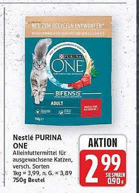 NESTLÉ PURINA ONE BIFENSIS ADULT Alleinfuttermittel für ausgewachsene Katzen, versch. Sorten 1kg = 3,99, n.G. = 3,89 750g Beutel