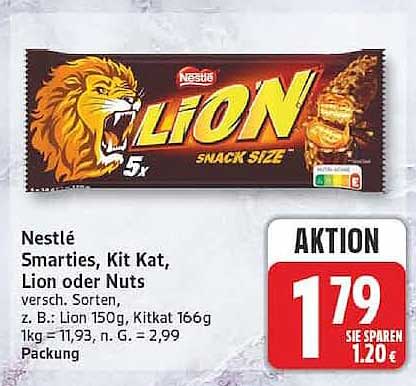 Nestlé Smarties, Kit Kat, Lion oder Nuts versch. Sorten, z. B.: Lion 150g, Kitkat 166g