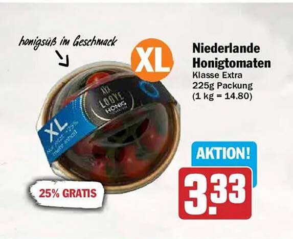 Niederlande Honigtomaten Klasse Extra 225g Packung (1 kg = 14.80)