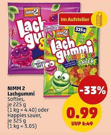 NIMM 2 Lachgummi Softies, je 225 g (1 kg = 4.40) oder Happies sauer, je 325 g (1 kg = 3.05)