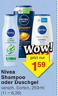 Nivea Shampoo oder Duschgel versch. Sorten, 250 ml (1 l = 6,36)