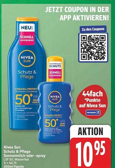 Nivea Sun Schutz & Pflege Sonnenmilch oder -spray LSF 50, Wasserfest 200ml Flasche