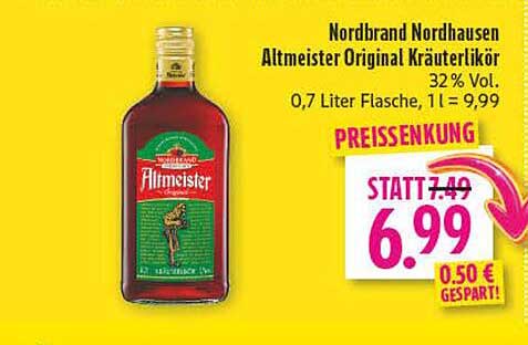 Nordbrand Nordhausen Altmeister Original Kräuterlikör 32% Vol. 0,7 Liter Flasche, 1 l = 9.99 PREISENKUNG STATT 7.49 6.99 0.50 € GESPART!