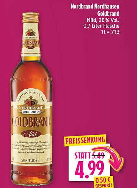 Nordbrand Nordhausen Goldbrand Mild, 28% Vol. 0,7 Liter Flasche