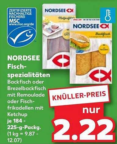 NORDSEE Fisch-spezialitäten Backfisch oder Brezelbackfisch mit Remoulade oder Fischfrikadellen mit Ketchup je 184 - 225-g-Packg. (1 kg = 9.87 - 12.07)