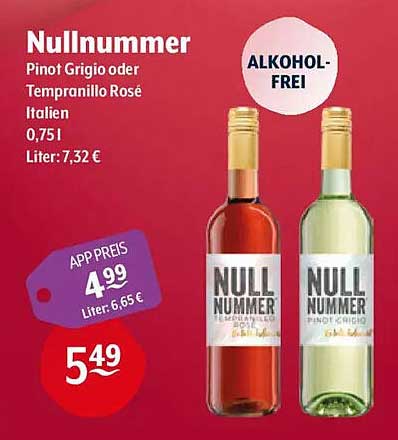 Nullnummer Pinot Grigio oder Tempranillo Rosé Italien 0,75 l Alkohol frei