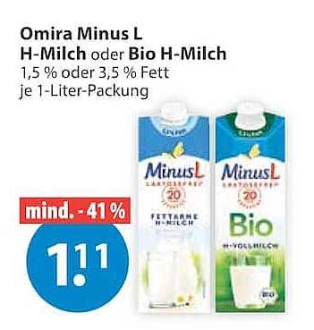 Omira Minus L H-Milch oder Bio-H-Milch 1,5 % oder 3,5 % Fett je 1-Liter-Packung