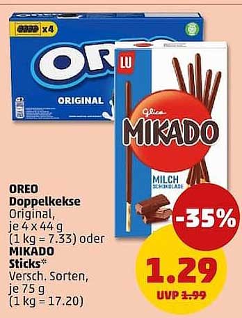 OREO Doppelkekse Original, je 4 x 44 g (1 kg = 7.33) oder MIKADO Sticks* Versch. Sorten, je 75 g (1 kg = 17.20)