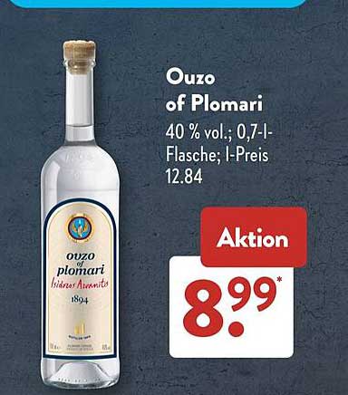 Ouzo of Plomari 40 % vol.; 0,7-l-Flasche; l-Preis 12.84