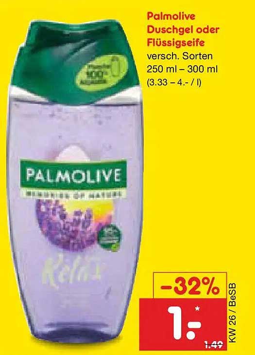 Palmolive Duschgel oder Flüssigseife versch. Sorten 250 ml – 300 ml (3.33 – 4.- / l)