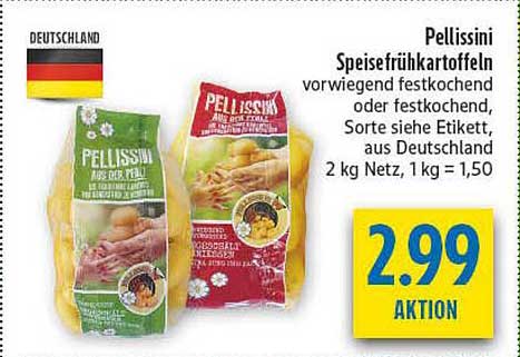 Pellissini Speisefrühkartoffeln vorwiegend festkochend oder festkochend, Sorte siehe Etikett, aus Deutschland 2 kg Netz, 1 kg = 1,50