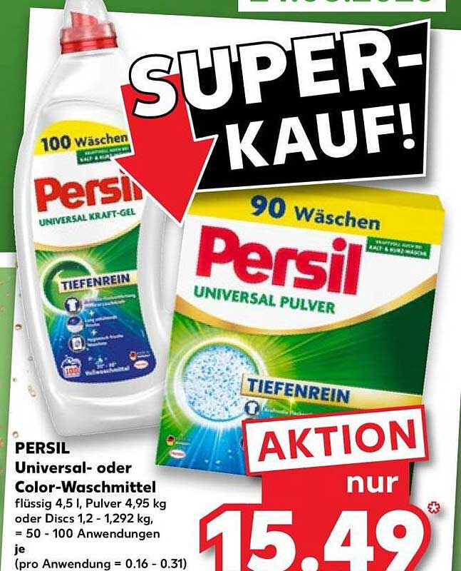 PERSIL Universal- oder Color-Waschmittel flüssig 4,5 l, Pulver 4,95 kg oder Discs 1,2 - 1,292 kg, = 50 - 100 Anwendungen je