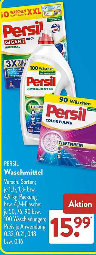 PERSIL Waschmittel Versch. Sorten; je 1,3-, 1,3- bzw. 4,9-kg-Packung bzw. 4,7-l-Flasche; je 50, 76, 90 bzw. 100 Waschladungen; Preis je Anwendung 0.32, 0.21, 0.18 bzw. 0.16