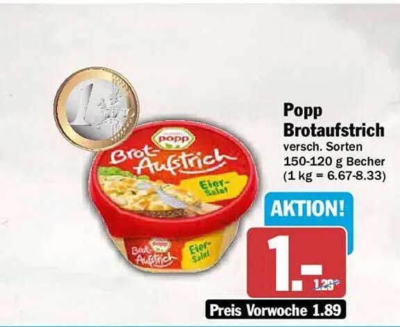 Popp Brotaufstrich versch. Sorten 150-120 g Becher (1 kg = 6.67-8.33)