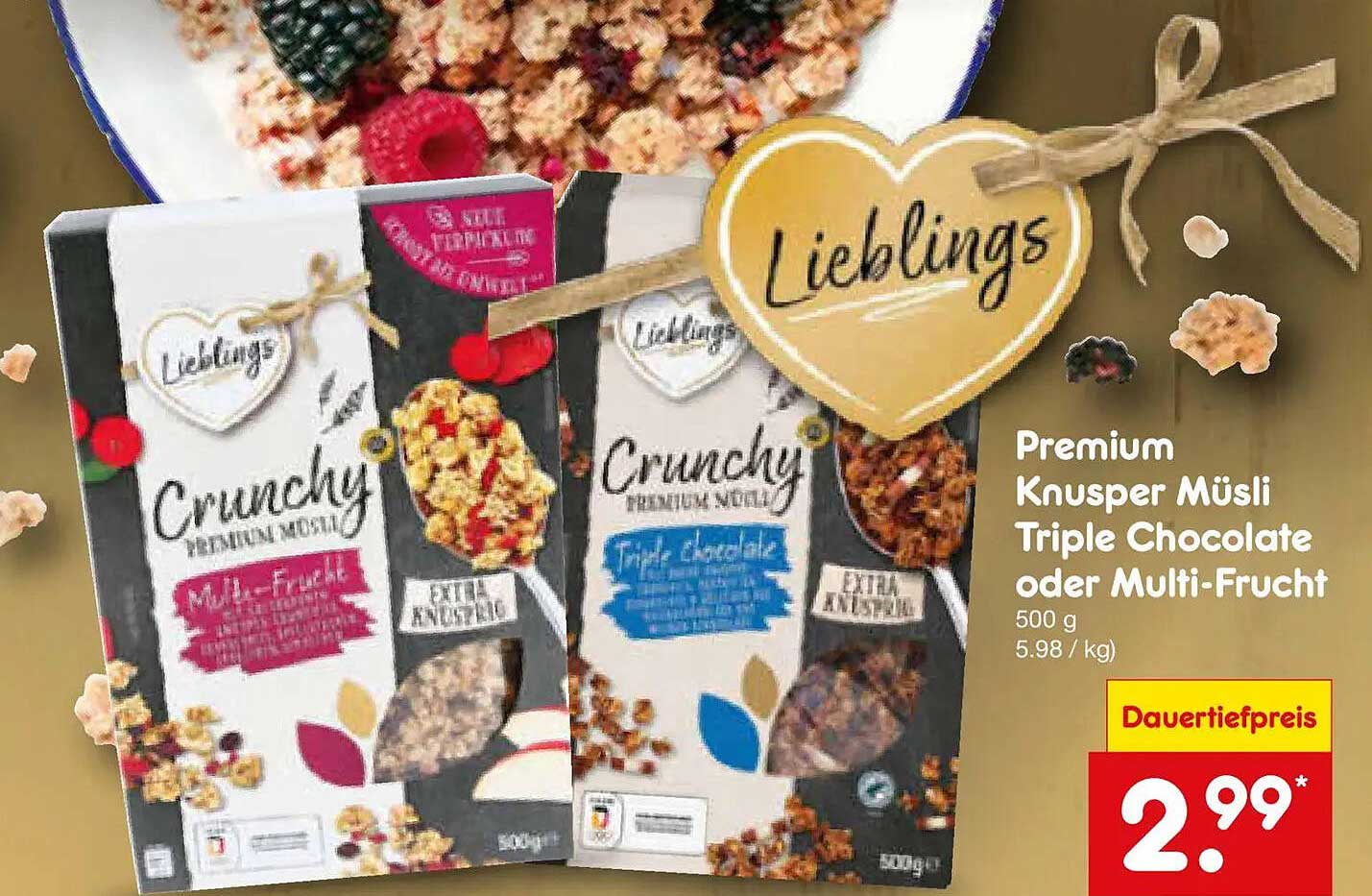 Premium Knusper Müsli Triple Chocolate oder Multi-Frucht