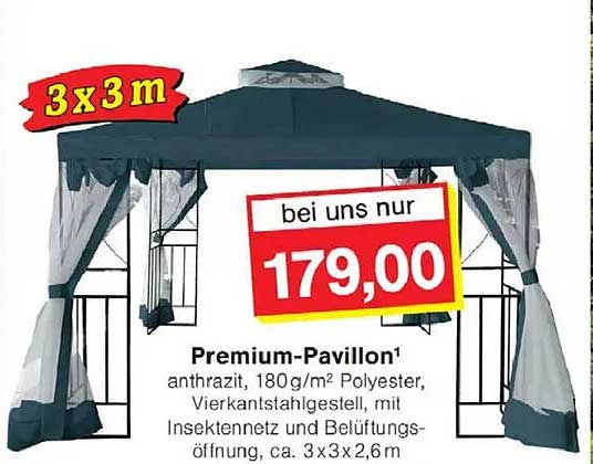 Premium-Pavillon¹ anthrazit, 180g/m² Polyester, Vierkantstahlgestell, mit Insektennetz und Belüftungsöffnung, ca. 3x3x2,6 m